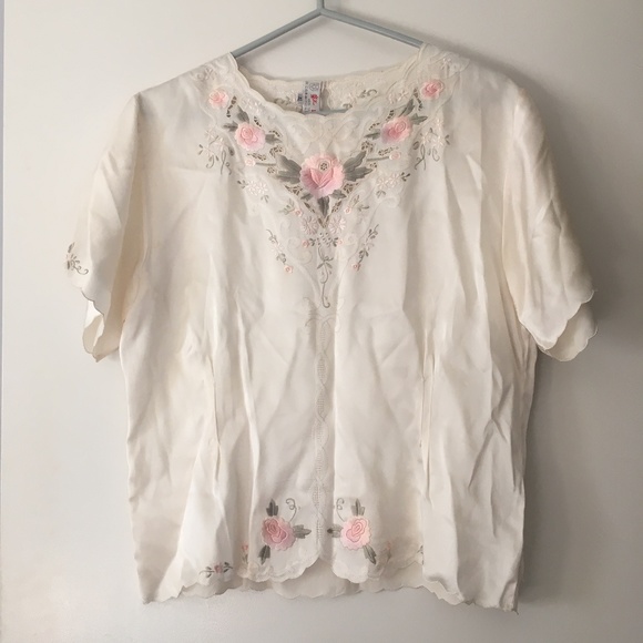 Exquisite Vintage Hand Embroidered Pink Roses Pure Silk Blouse - Picture 1 of 6